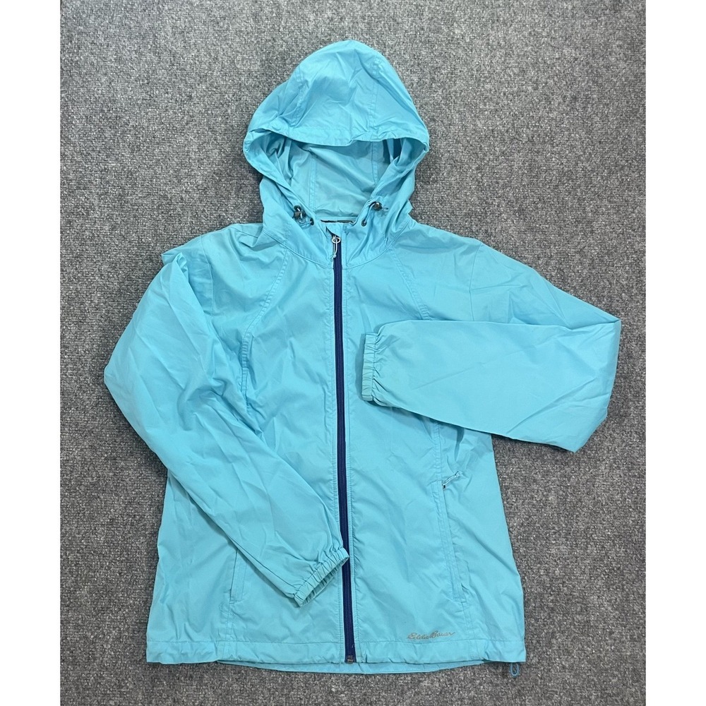 Eddie Bauer Packable Windbreaker Womens Small Teal Hoodie Raincoat Jacket